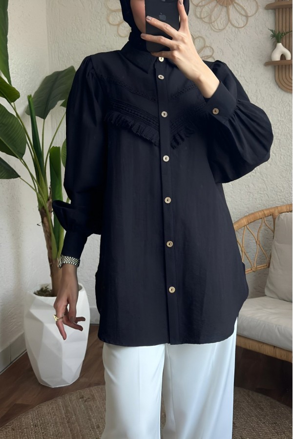 Guipure Tassel Raw Cupra Balloon Sleeve Shirt -Black