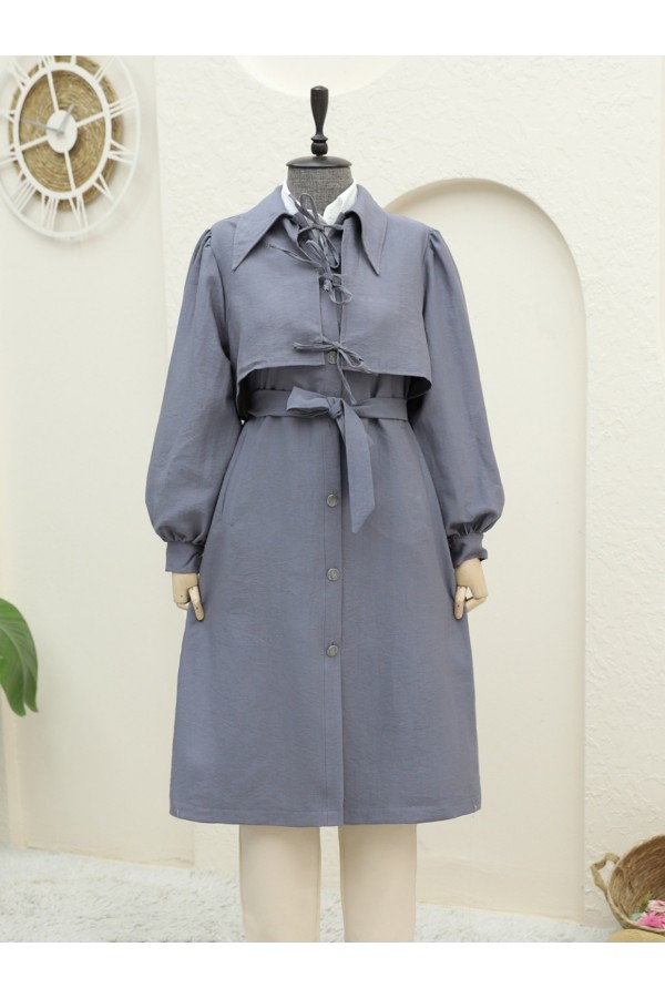 Front Tie Detail Buttoned Pocket Trench Coat -Smoked 