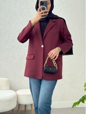 Cepli Tek Düğmeli Likralı Ceket -Bordo
