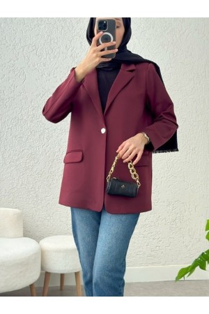 Single Button Lycra Jacket with Pockets -Maroon