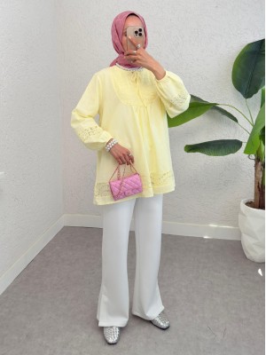 Dantel Detaylı Yakası Bağlamalı Kolu Lastikli Gömlek -Açık Sarı