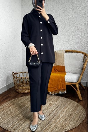 Çift Cepli Düğmeli Gömlekli Takım -Siyah