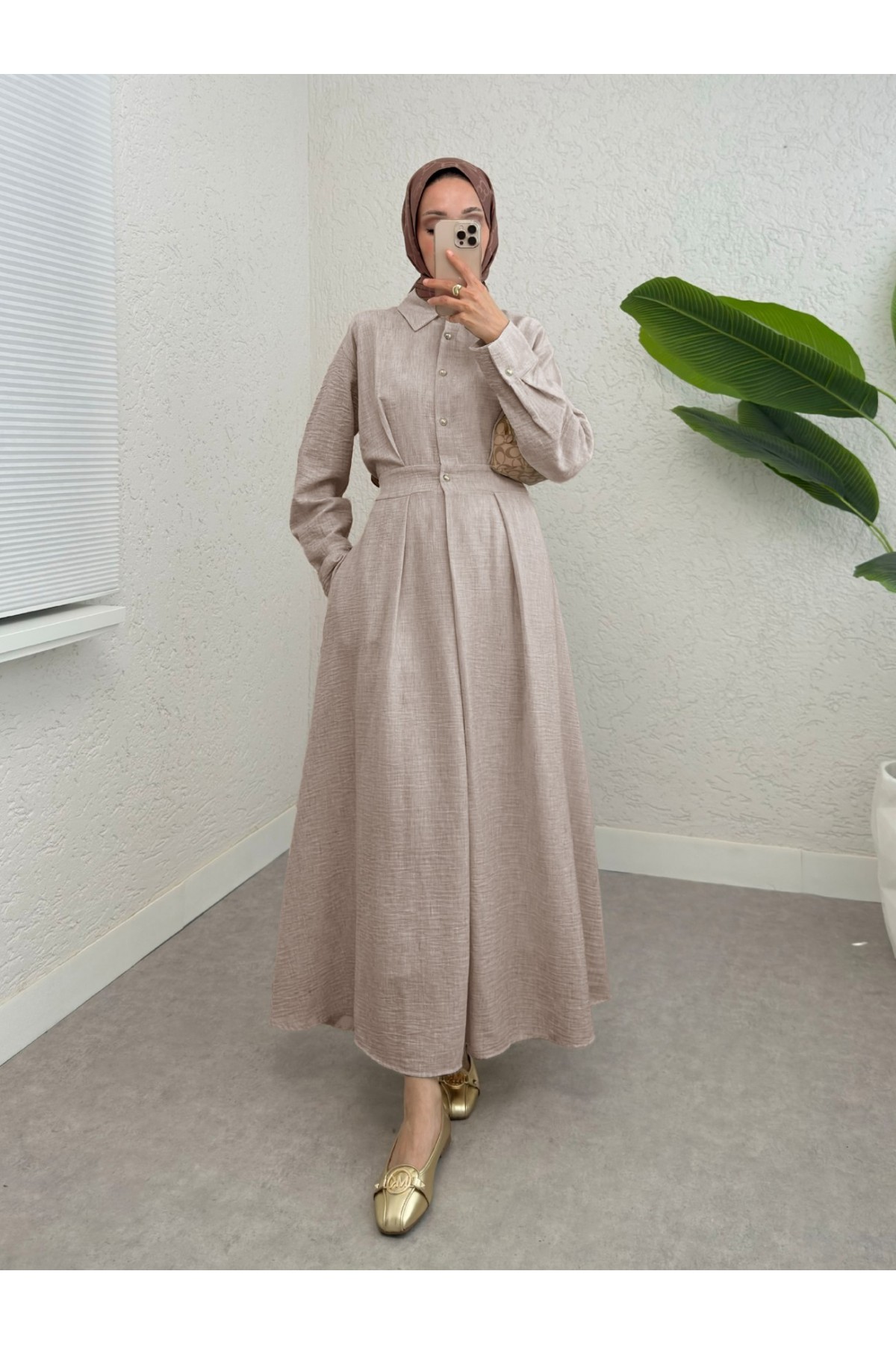 Half Buttoned Elastic Waist Linen Dress - Beige