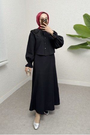 Baby Collar Scalloped Elastic Sleeve Blouse-Flared Skirt Set -Black