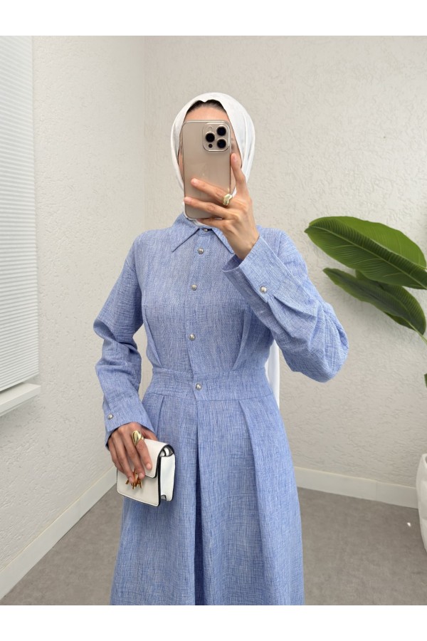 Half Buttoned Elastic Waist Linen Dress -Blue
