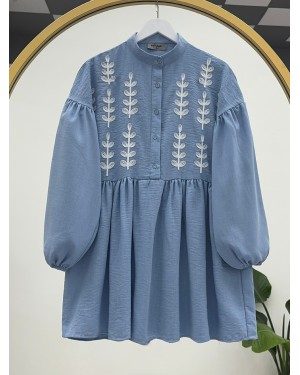 Panç İşlemeli Yarım Düğmeli Keten Tunik  -Bebe Mavi