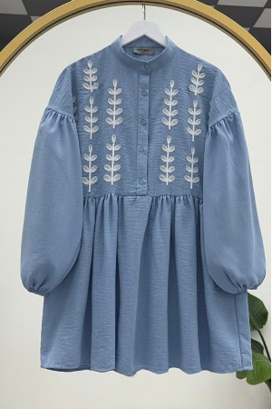 Panç İşlemeli Yarım Düğmeli Keten Tunik  -Bebe Mavi