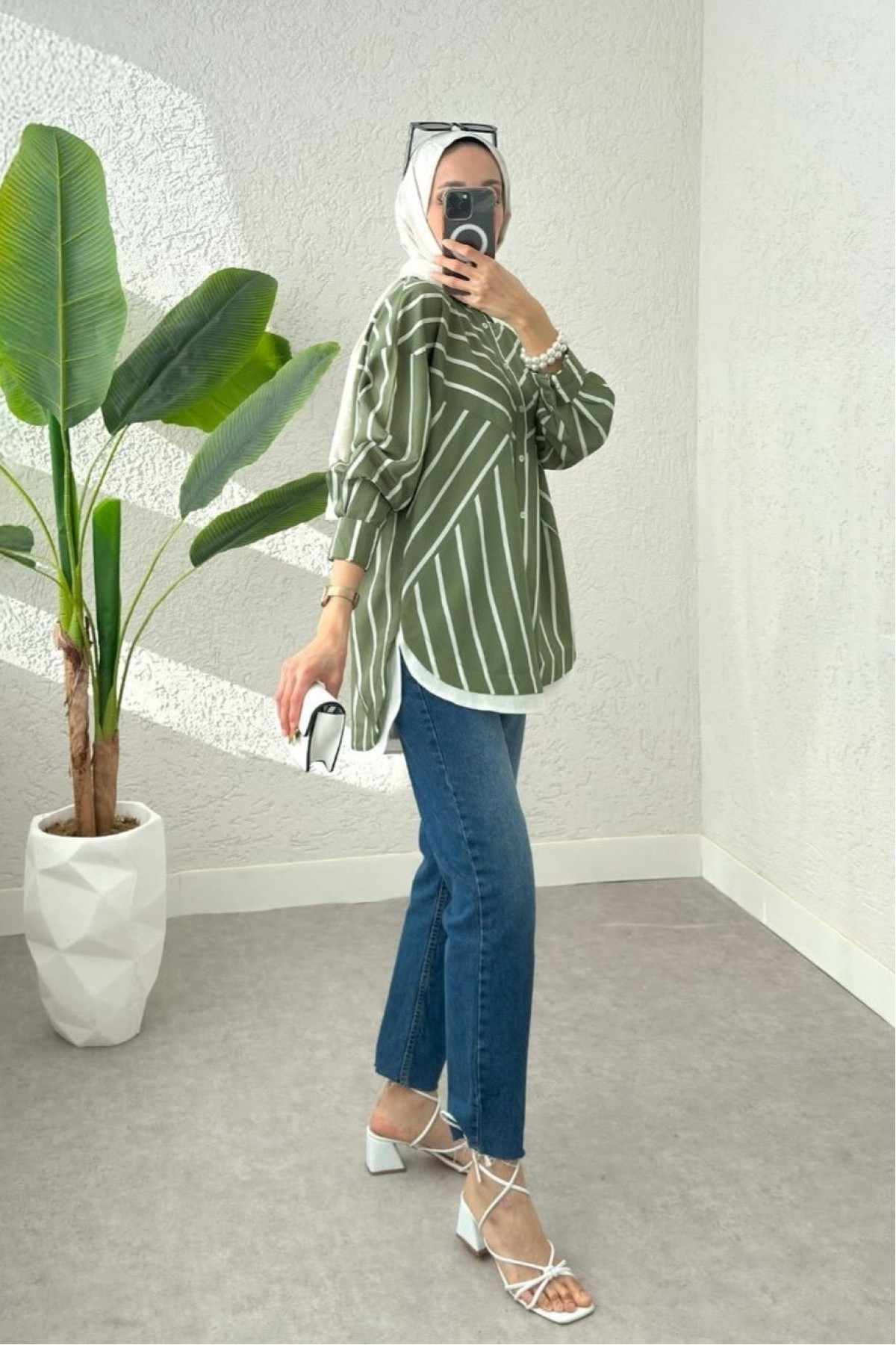 Button Down Diagonal Striped Shirt -Khaki