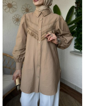 Guipure Tassel Raw Cupra Balloon Sleeve Shirt -Mink color