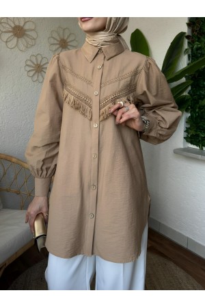 Güpür Püsküllü Ham Cupra Balon Kol Gömlek -Vizon