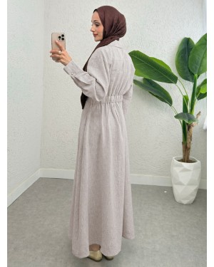 Half Buttoned Elastic Waist Linen Dress -Stone