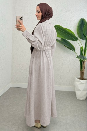 Yarım Düğmeli Beli Lastikli Keten Elbise  -Taş
