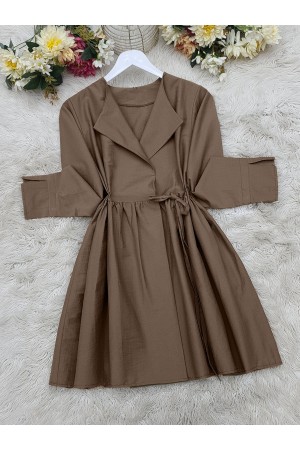 Yan Bağcıklı Kol Manşeti Yırtmaçlı Kimono  -Kahve