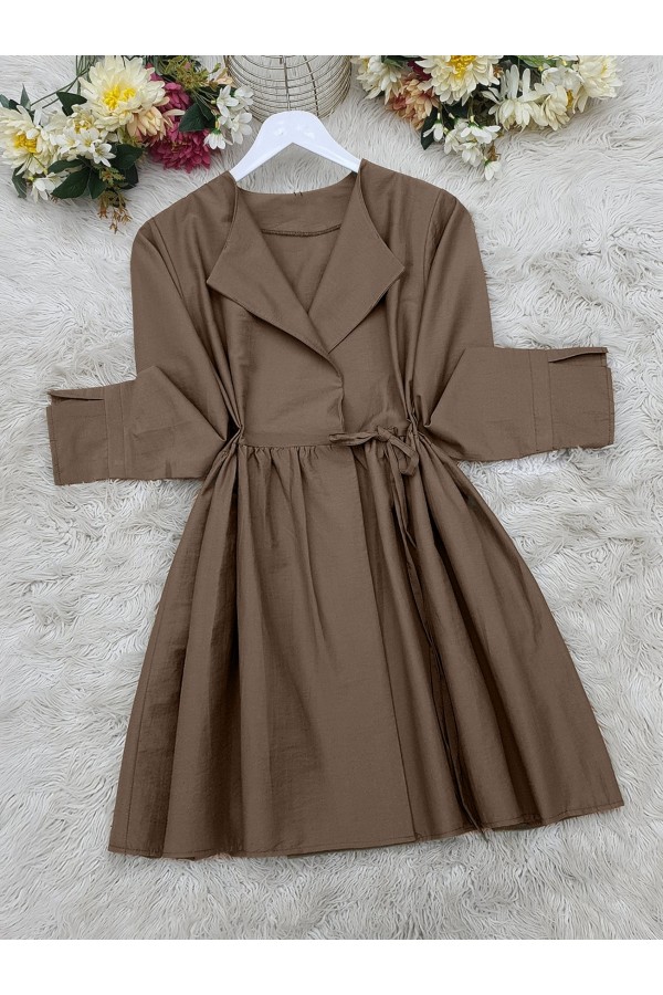 Yan Bağcıklı Kol Manşeti Yırtmaçlı Kimono  -Kahve