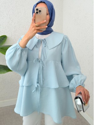 Bebe Yaka Önü Bağcıklı Eteği Katlı Kimono -Bebe Mavi