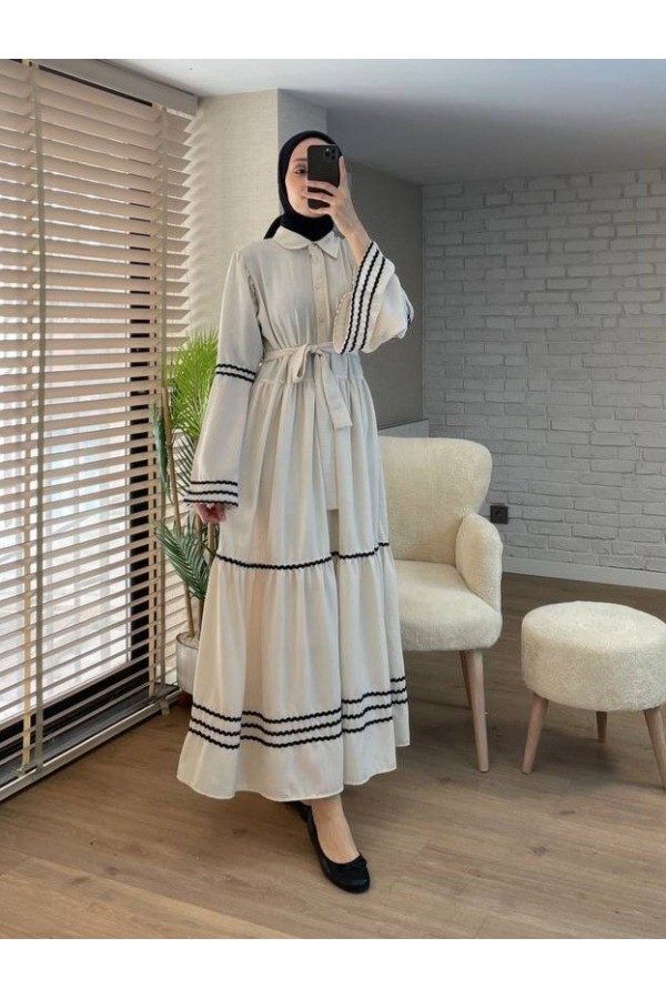 Kolları ve eteği süzene işlemeli Parçalı Elbise -Taş
