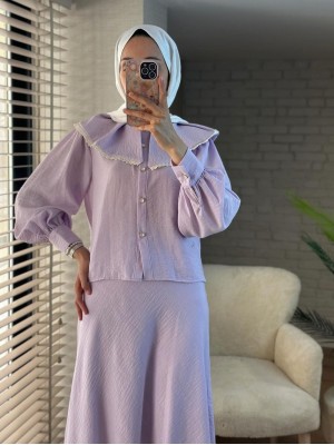 Dantelli Marul Yaka Saf Keten Etekli Takım  -Lila