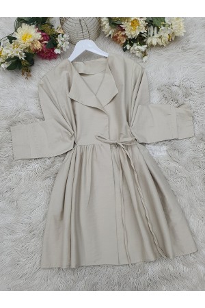 Yan Bağcıklı Kol Manşeti Yırtmaçlı Kimono -Bej