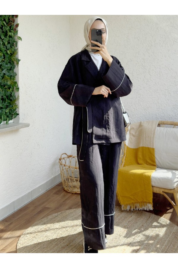 Side Tie Strip Detailed Suit -Black