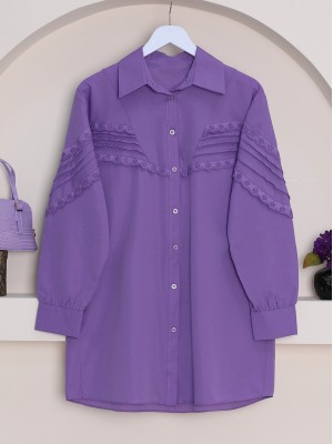 Boydan Düğmeli Omuzu  Ve Önü Fistolu Gömlek -Mor