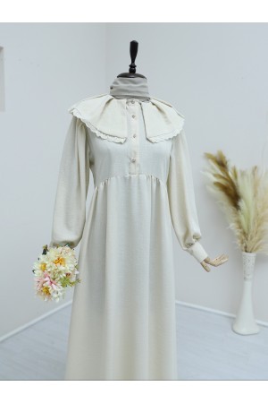 Önlük Yaka Büzgülü Yarım Düğme Keten Elbise -Bej