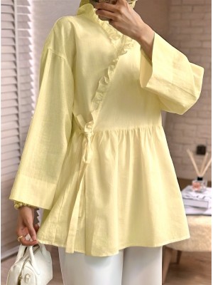 Linen Kimono with Side Tie and Ruffle Collar   -Light yellow
