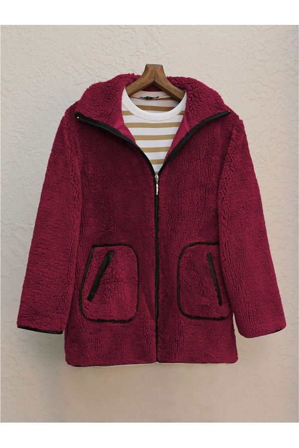 Çift Cepli Fermuarlı Astarlı Peluş Mont  -Bordo