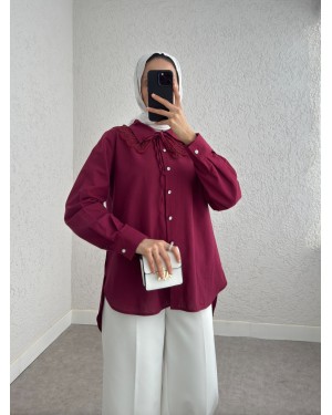 Collar Detailed Long Back Buttoned Shirt -Maroon