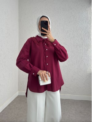 Yakalık Detaylı Arkası Uzun Düğmeli Gömlek -Bordo