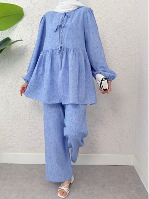 Önü Bağlamalı Parçalı Kolu Lastikli Takım  -Mavi