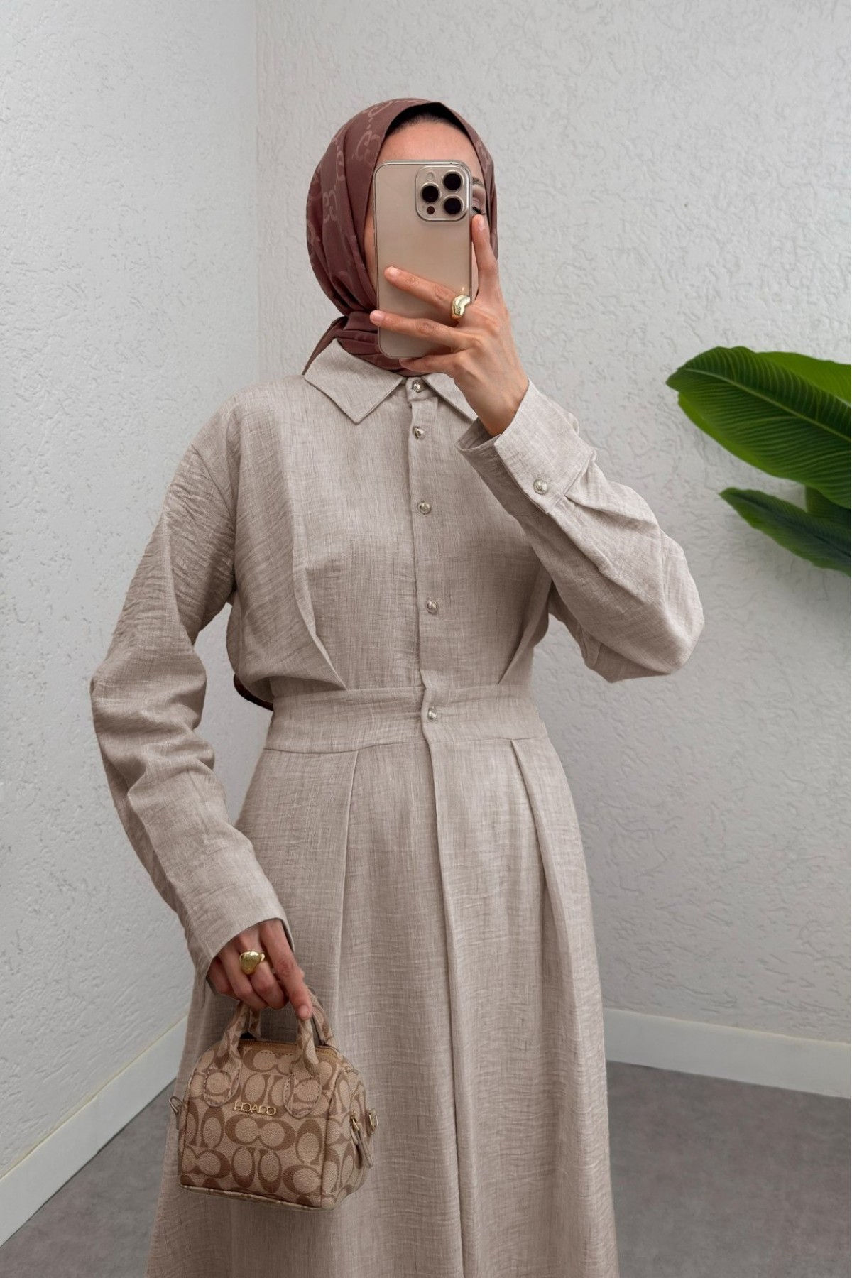 Half Buttoned Elastic Waist Linen Dress - Beige