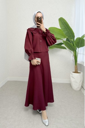 Baby Collar Scalloped Elastic Sleeve Blouse-Flared Skirt Set -Maroon