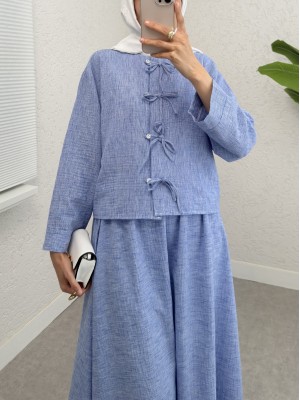 Taş Ve Kurdele Detaylı Etekli Keten Takım -Mavi