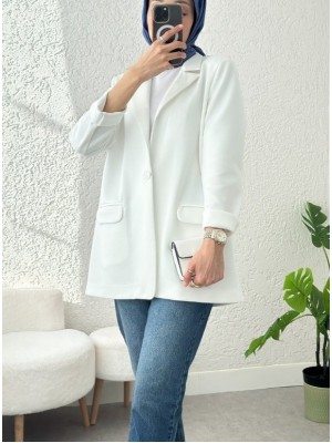 Cepli Tek Düğmeli Likralı Ceket  -Beyaz