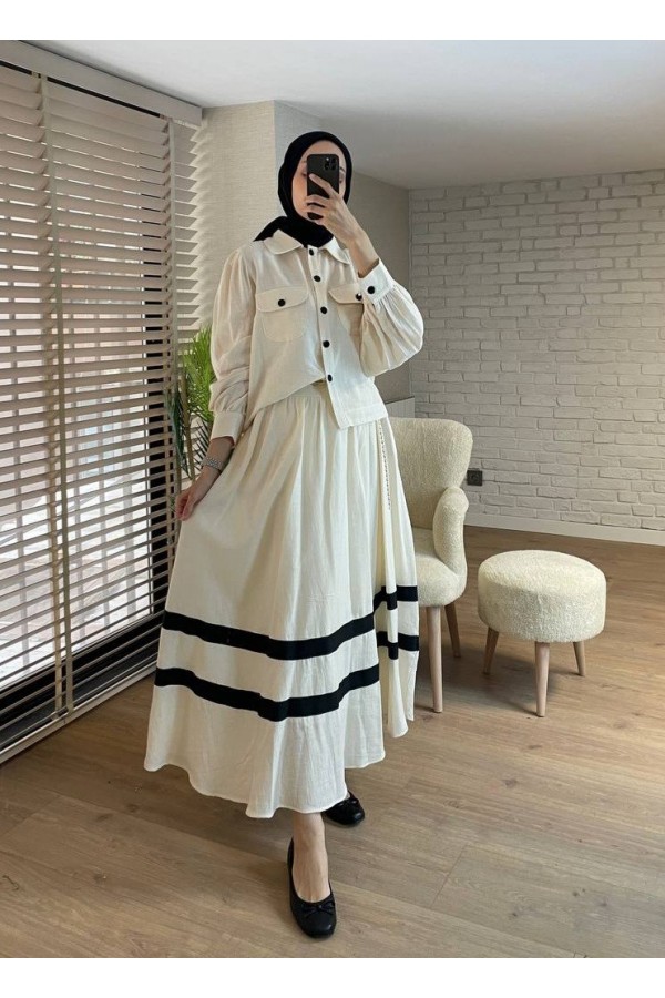 Linen suit with double-pocketed jacket and striped skirt -Stone