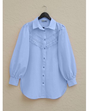 Güpür Püsküllü Ham Keten Balon Kol Gömlek  -Bebe Mavi