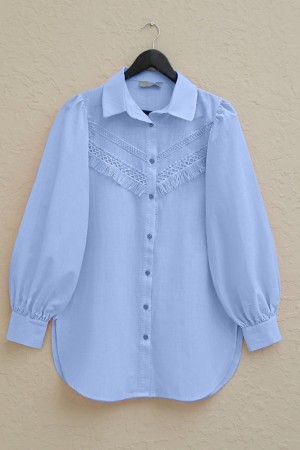 Güpür Püsküllü Ham Keten Balon Kol Gömlek  -Bebe Mavi