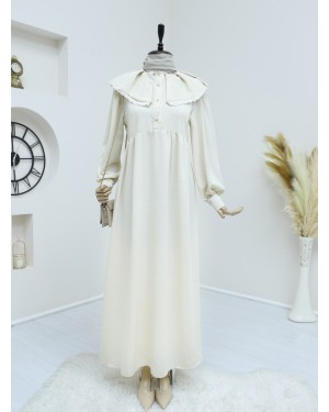 Apron Collar Gathered Half Button Linen Dress - Beige