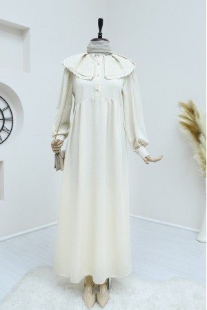 Önlük Yaka Büzgülü Yarım Düğme Keten Elbise -Bej