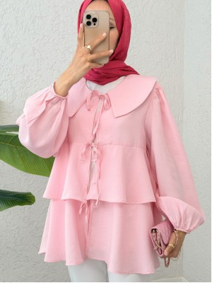 Bebe Yaka Önü Bağcıklı Eteği Katlı Kimono -Pembe