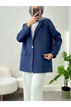 Single Button Lycra Jacket with Pockets -Navy blue