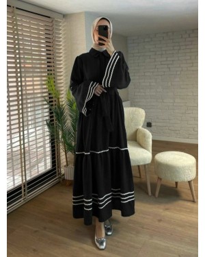 Partial Dress with embroidered sleeves and skirt -Black