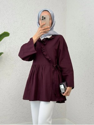 Yakası Fırfırlı Yandan Bağlamalı Keten Kimono  -Mürdüm