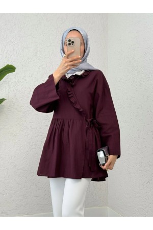 Yakası Fırfırlı Yandan Bağlamalı Keten Görünümlü Kimono  -Mürdüm