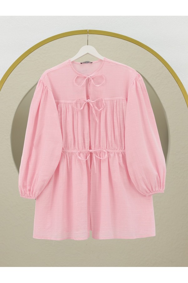 Tie Front Elastic Sleeve Shirt -Pink