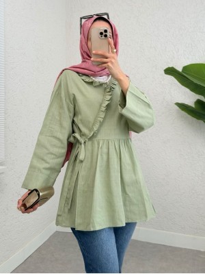 Yakası Fırfırlı Yandan Bağlamalı Keten Kimono  -Mint