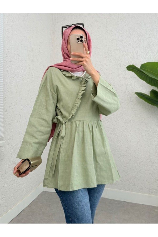 Linen Kimono with Side Tie and Ruffle Collar  -Mint Color