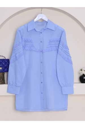 Boydan Düğmeli Omuzu  Ve Önü Fistolu Gömlek -Mavi