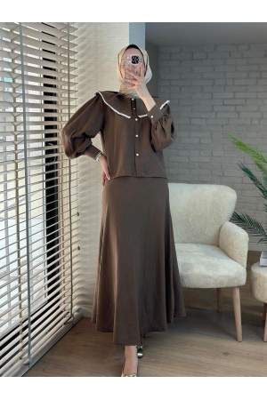Lace Lettuce Collar Pure Linen Skirt Suit   -Brown