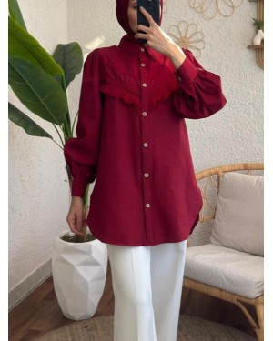 Guipure Tassel Raw Cupra Balloon Sleeve Shirt -Maroon